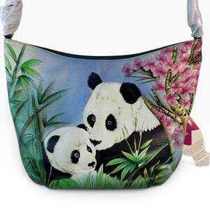 Anuschka Anna Hand Painted Leather Lovable Panda Floral Shoulder Bag Purse NWT